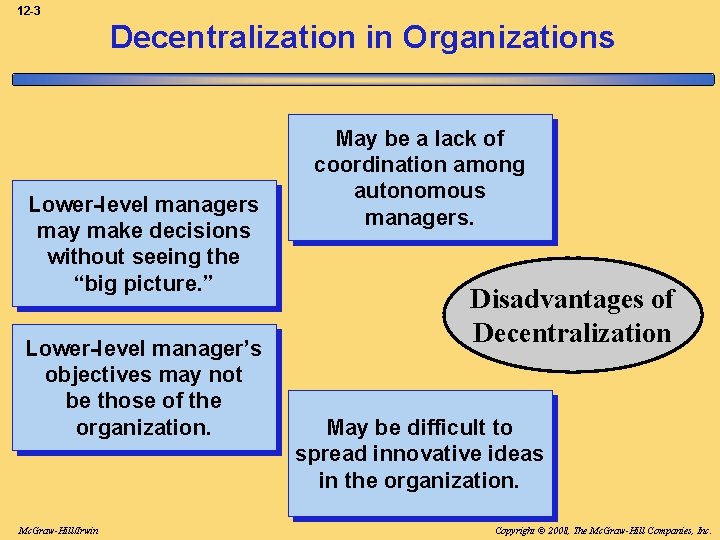 12 -3 Decentralization in Organizations Lower-level managers may make decisions without seeing the “big