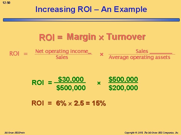 12 -50 Increasing ROI – An Example ROI = Margin Turnover ROI = Net