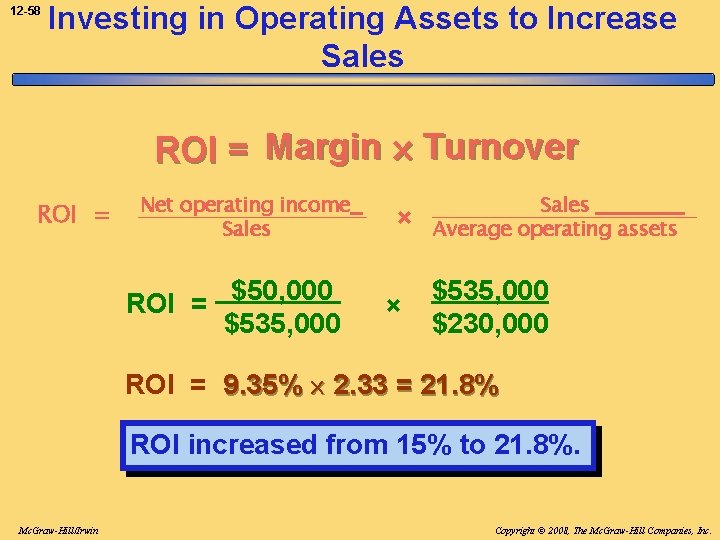 12 -58 Investing in Operating Assets to Increase Sales ROI = Margin Turnover ROI