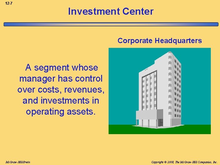 12 -7 Investment Center Corporate Headquarters A segment whose manager has control over costs,