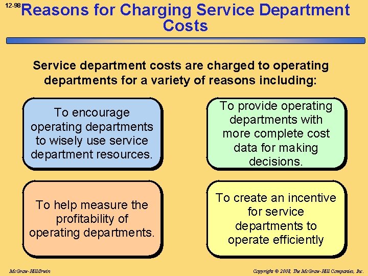 12 -98 Reasons for Charging Service Department Costs Service department costs are charged to