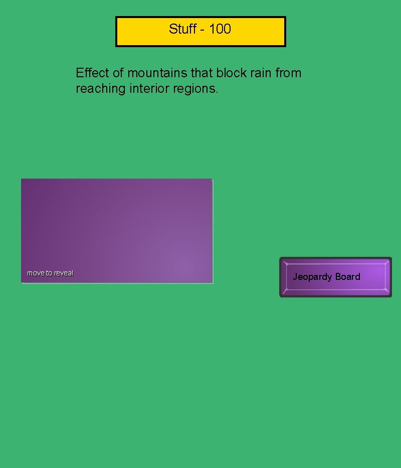 Stuff - 100 Effect of mountains that block rain from reaching interior regions. Rain