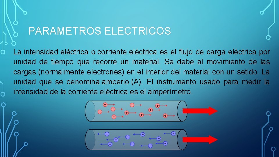 PARAMETROS ELECTRICOS La intensidad eléctrica o corriente eléctrica es el flujo de carga eléctrica