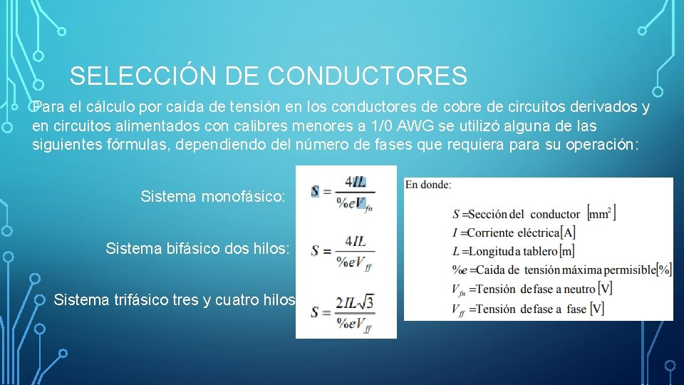 SELECCIÓN DE CONDUCTORES Para el cálculo por caída de tensión en los conductores de