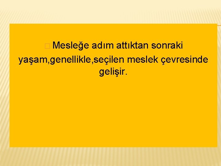 � Mesleğe adım attıktan sonraki yaşam, genellikle, seçilen meslek çevresinde gelişir. 