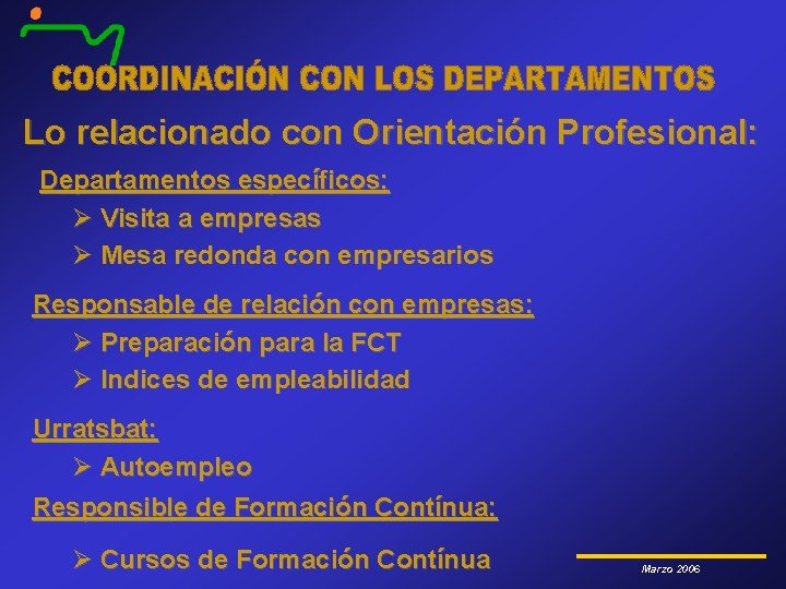 Lo relacionado con Orientación Profesional: Departamentos específicos: Ø Visita a empresas Ø Mesa redonda