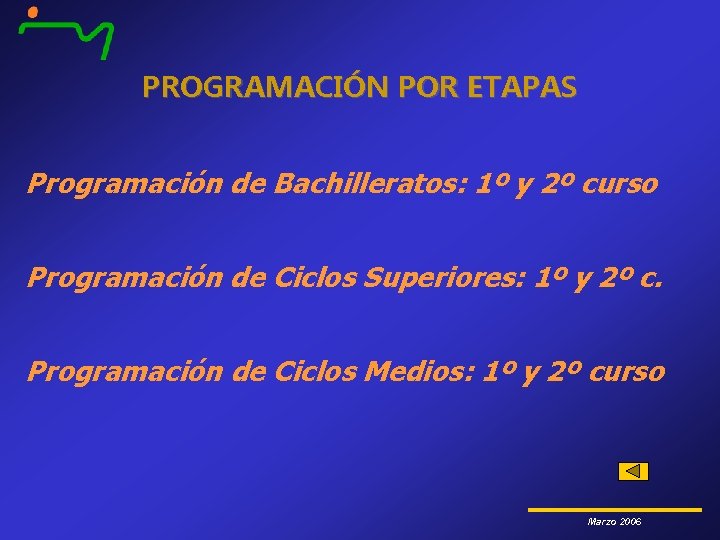 PROGRAMACIÓN POR ETAPAS Programación de Bachilleratos: 1º y 2º curso Programación de Ciclos Superiores: