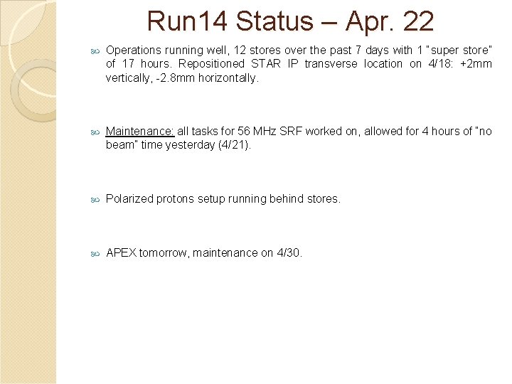 Run 14 Status – Apr. 22 Operations running well, 12 stores over the past