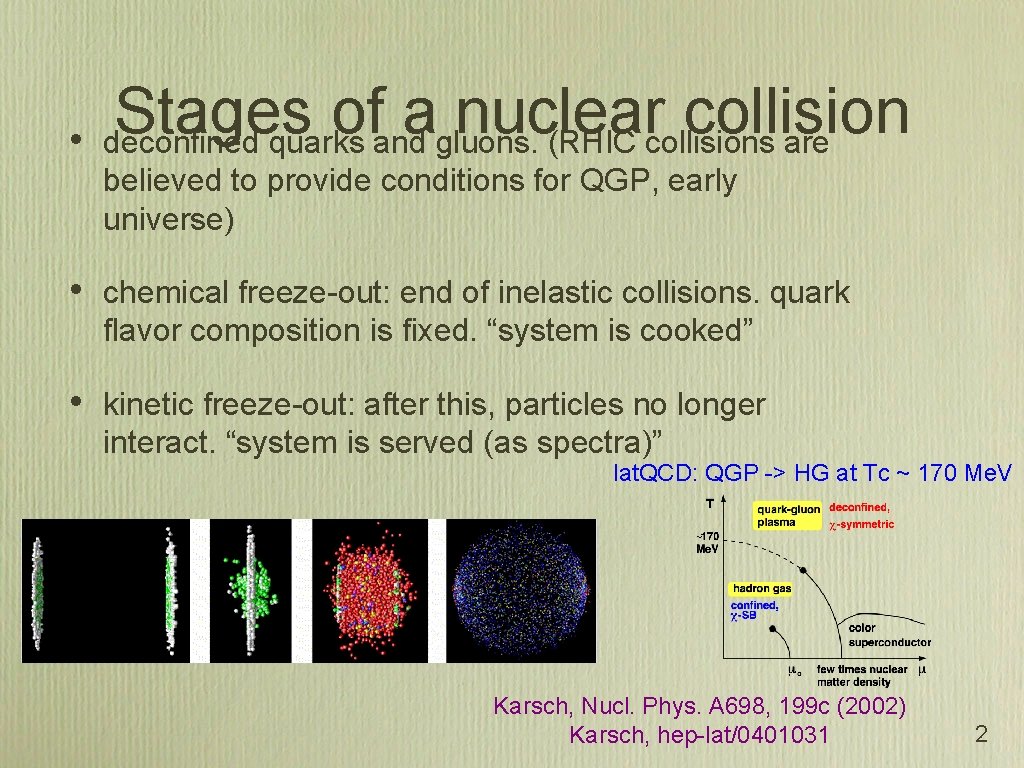  • Stages of a nuclear collision deconfined quarks and gluons. (RHIC collisions are