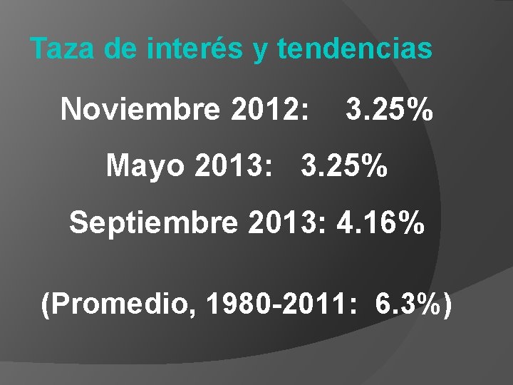 Taza de interés y tendencias Noviembre 2012: 3. 25% Mayo 2013: 3. 25% Septiembre