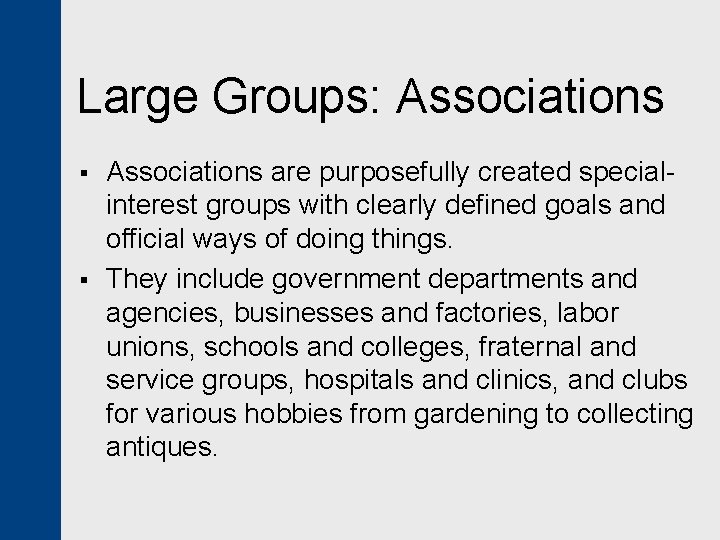 Large Groups: Associations § § Associations are purposefully created specialinterest groups with clearly defined