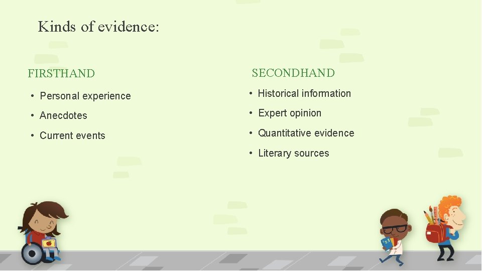 Kinds of evidence: FIRSTHAND SECONDHAND • Personal experience • Historical information • Anecdotes •