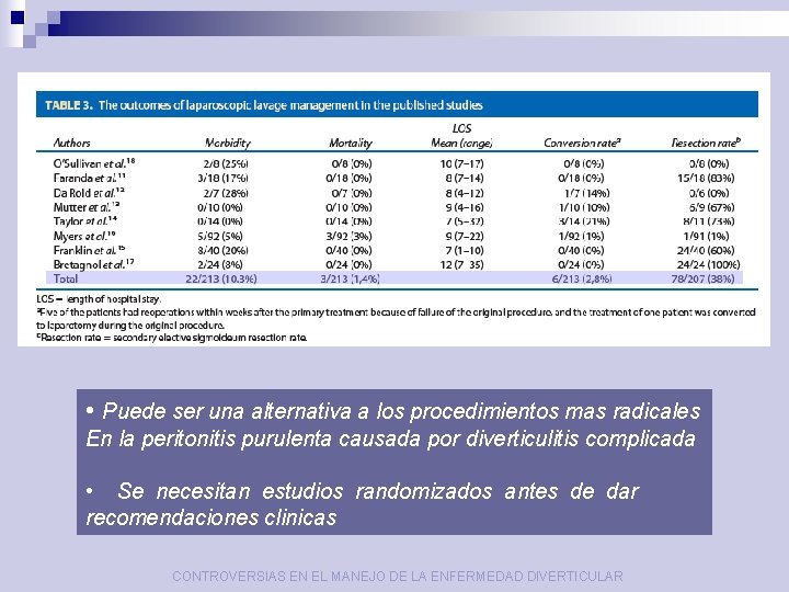  • Puede ser una alternativa a los procedimientos mas radicales En la peritonitis