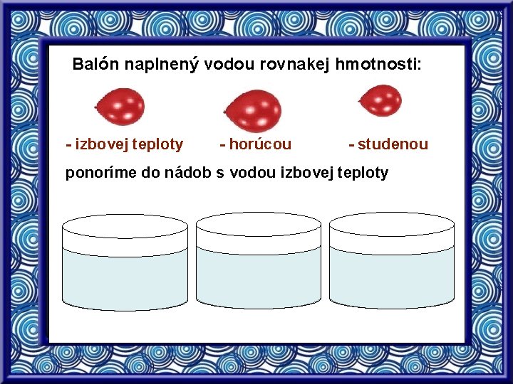 Balón naplnený vodou rovnakej hmotnosti: - izbovej teploty - horúcou - studenou ponoríme do