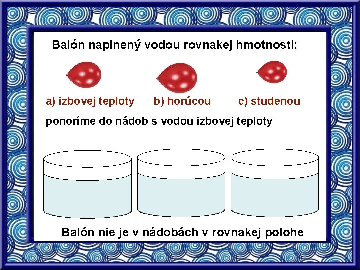 Balón naplnený vodou rovnakej hmotnosti: a) izbovej teploty b) horúcou c) studenou ponoríme do