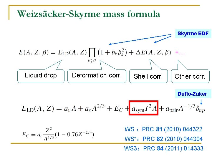 Skyrme EDF +… Liquid drop Deformation corr. Shell corr. Other corr. Duflo-Zuker WS ：PRC