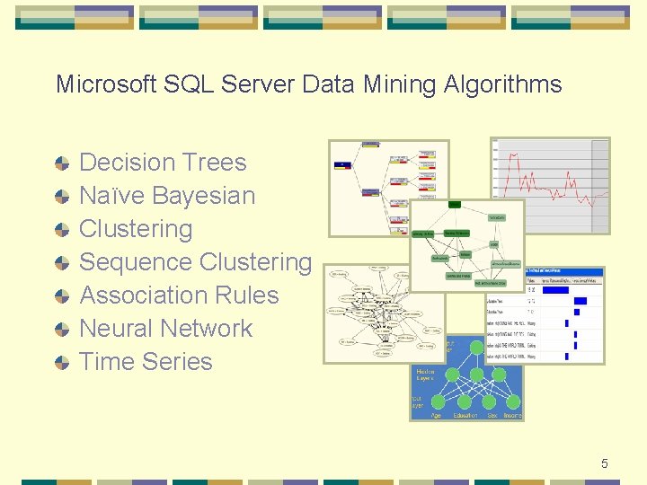 Microsoft SQL Server Data Mining Algorithms Decision Trees Naïve Bayesian Clustering Sequence Clustering Association Microsoft SQL Server Data Mining Algorithms Decision Trees Naïve Bayesian Clustering Sequence Clustering Association