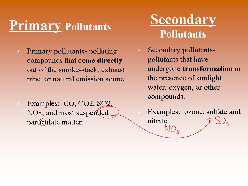 Secondary Primary Pollutants © Primary pollutants- polluting compounds that come directly out of the