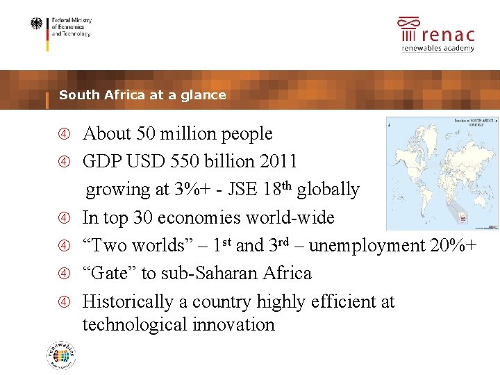 placeholder partner logo South Africa at a glance About 50 million people GDP USD