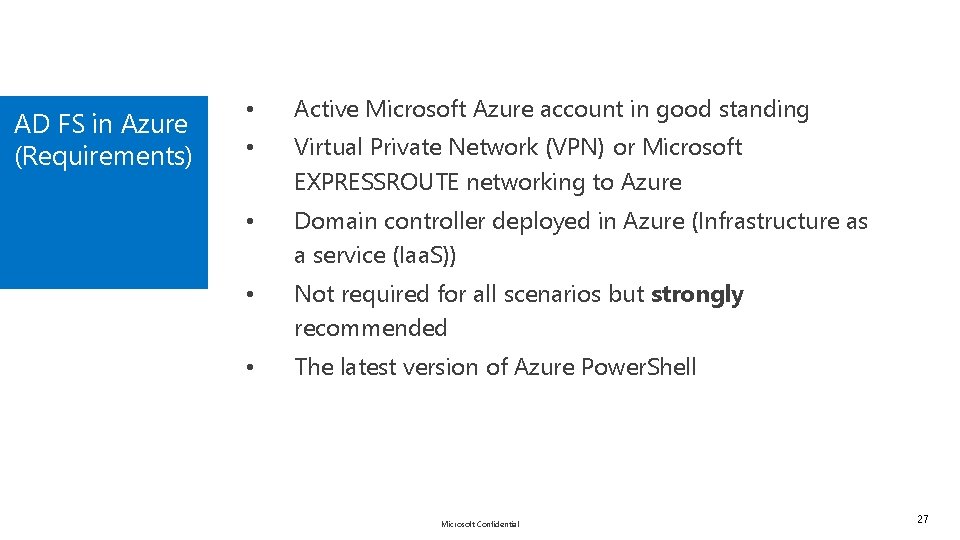 AD FS in Azure (Requirements) • Active Microsoft Azure account in good standing •