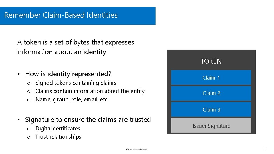 Remember Claim-Based Identities A token is a set of bytes that expresses information about