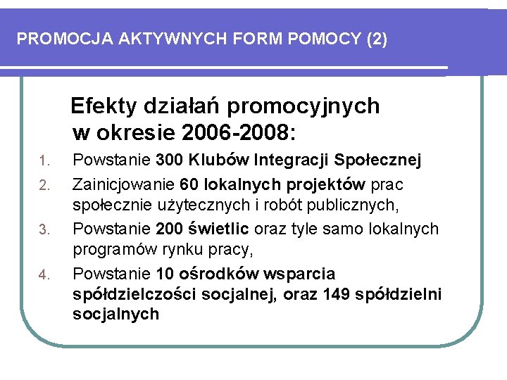 PROMOCJA AKTYWNYCH FORM POMOCY (2) Efekty działań promocyjnych w okresie 2006 -2008: 1. 2.