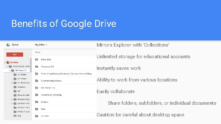 Benefits of Google Drive Mirrors Explorer with ‘Collections’ Unlimited storage for educational accounts Instantly