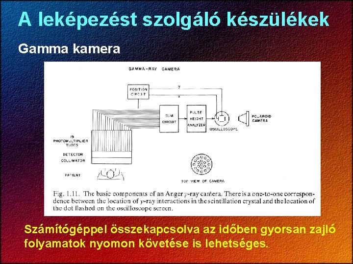 A leképezést szolgáló készülékek Gamma kamera Számítógéppel összekapcsolva az időben gyorsan zajló folyamatok nyomon