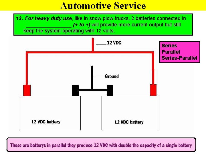 Automotive Service 13. For heavy duty use, like in snow plow trucks, 2 batteries