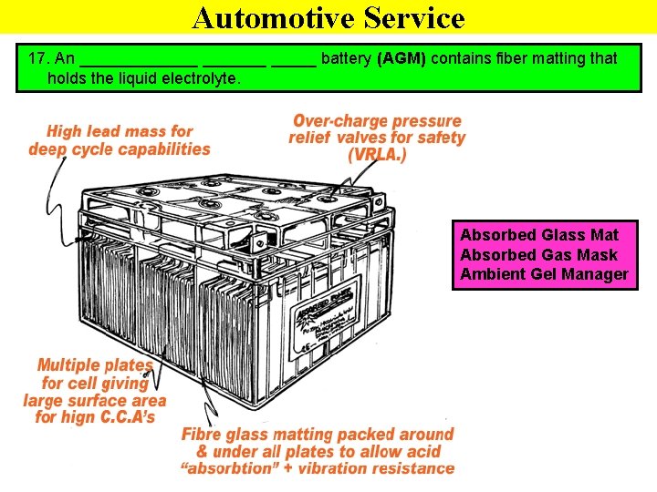 Automotive Service 17. An _______ battery (AGM) contains fiber matting that holds the liquid