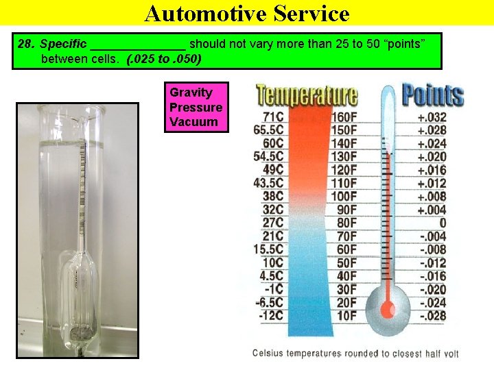 Automotive Service 28. Specific _______ should not vary more than 25 to 50 “points”