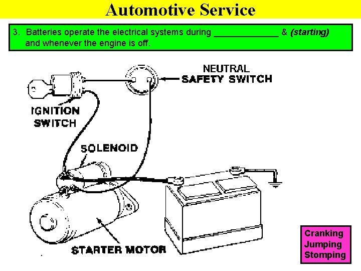 Automotive Service 3. Batteries operate the electrical systems during _______ & (starting) and whenever