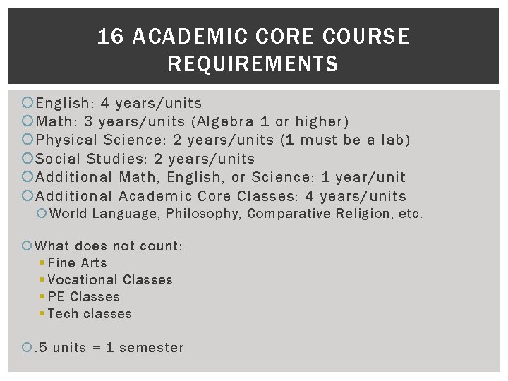 16 ACADEMIC CORE COURSE REQUIREMENTS English: 4 years/units Math: 3 years/units (Algebra 1 or