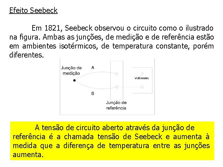 Efeito Seebeck Em 1821, Seebeck observou o circuito como o ilustrado na figura. Ambas