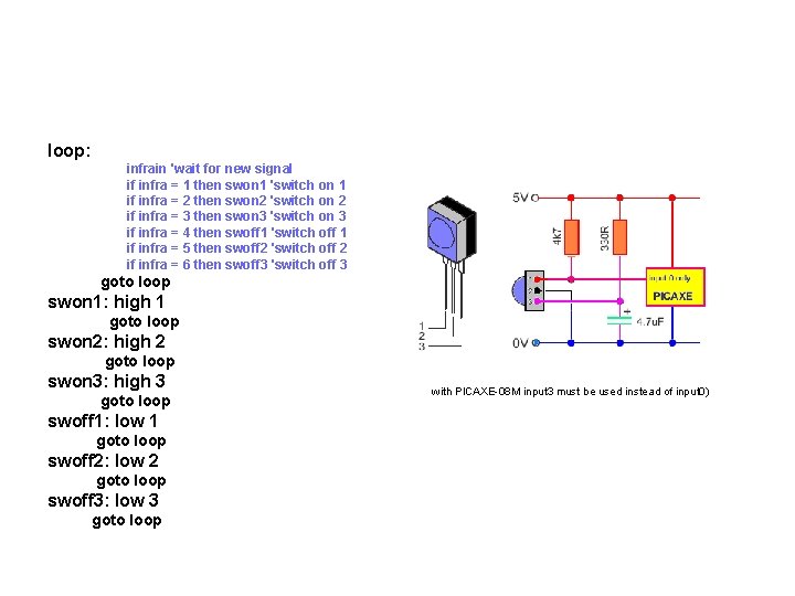 loop: infrain 'wait for new signal if infra = 1 then swon 1 'switch