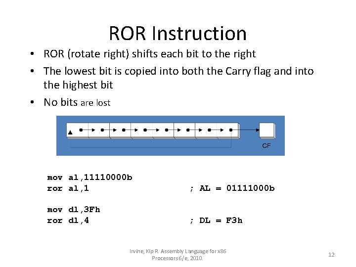 ROR Instruction • ROR (rotate right) shifts each bit to the right • The