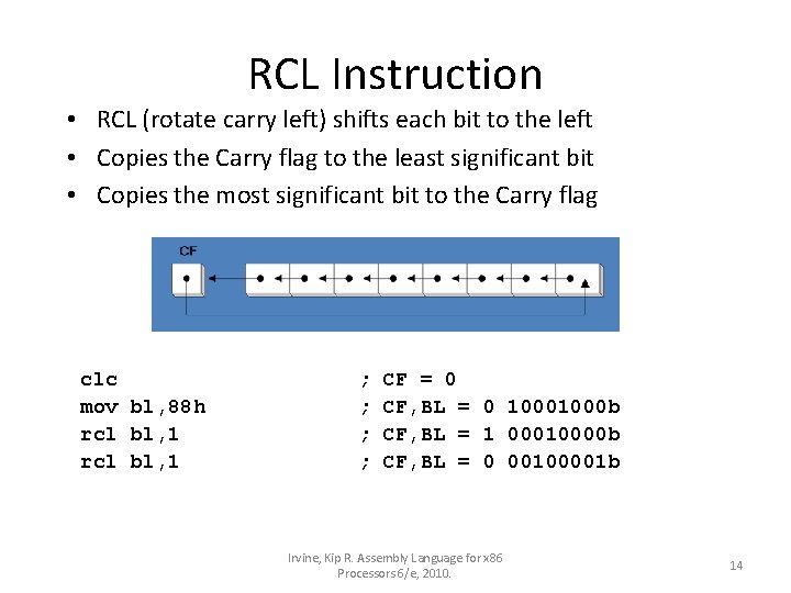 RCL Instruction • RCL (rotate carry left) shifts each bit to the left •