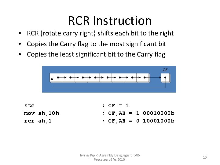 RCR Instruction • RCR (rotate carry right) shifts each bit to the right •