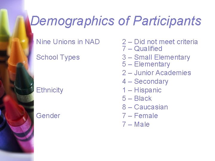 Demographics of Participants Nine Unions in NAD School Types Ethnicity Gender 2 – Did