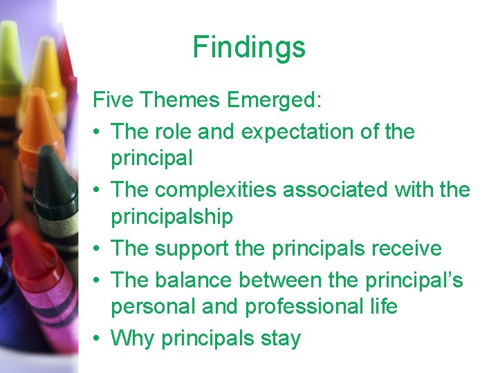 Findings Five Themes Emerged: • The role and expectation of the principal • The