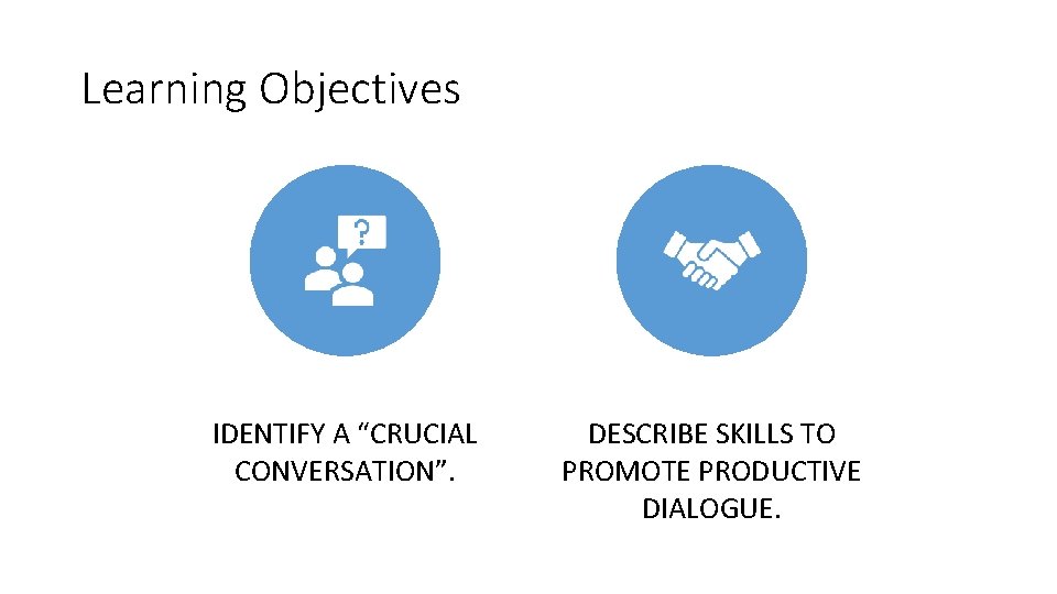 Learning Objectives IDENTIFY A “CRUCIAL CONVERSATION”. DESCRIBE SKILLS TO PROMOTE PRODUCTIVE DIALOGUE. Learning Objectives IDENTIFY A “CRUCIAL CONVERSATION”. DESCRIBE SKILLS TO PROMOTE PRODUCTIVE DIALOGUE.