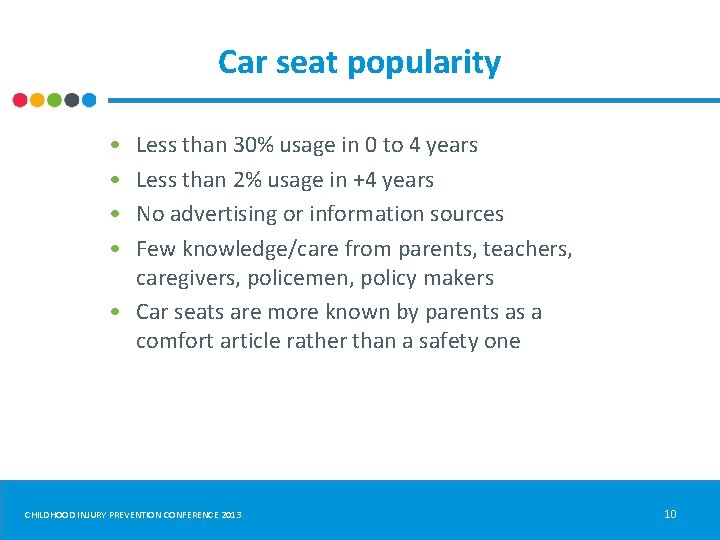 Car seat popularity • • Less than 30% usage in 0 to 4 years