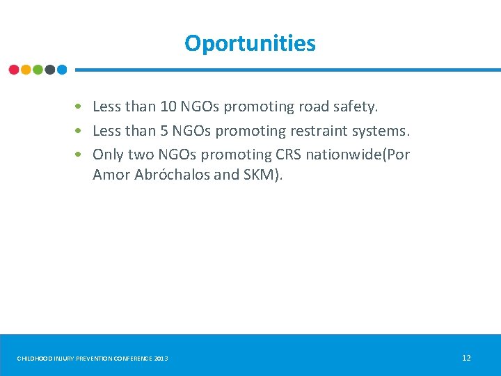 Oportunities • Less than 10 NGOs promoting road safety. • Less than 5 NGOs