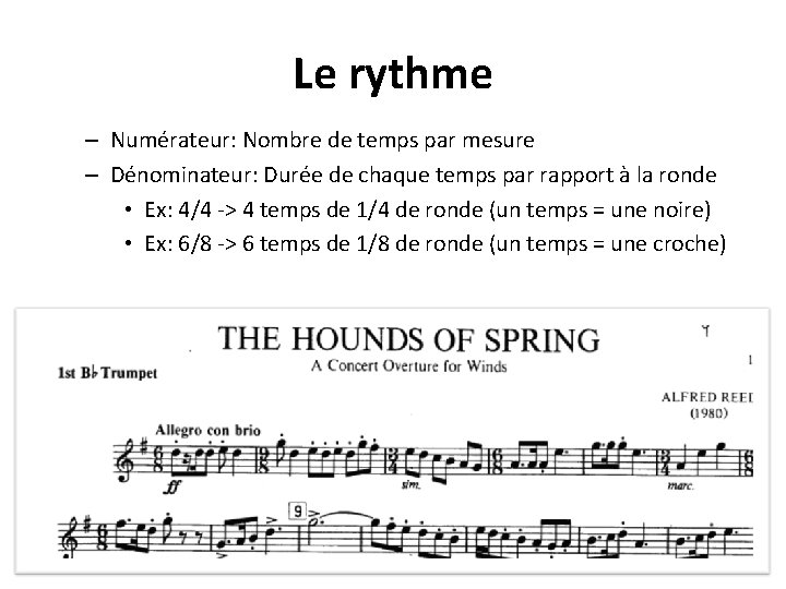 Le rythme – Numérateur: Nombre de temps par mesure – Dénominateur: Durée de chaque