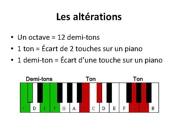 Les altérations • Un octave = 12 demi-tons • 1 ton = Écart de