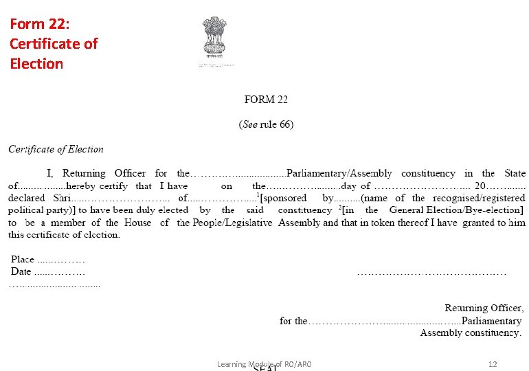 Form 22: Certificate of Election Learning Module of RO/ARO 12 