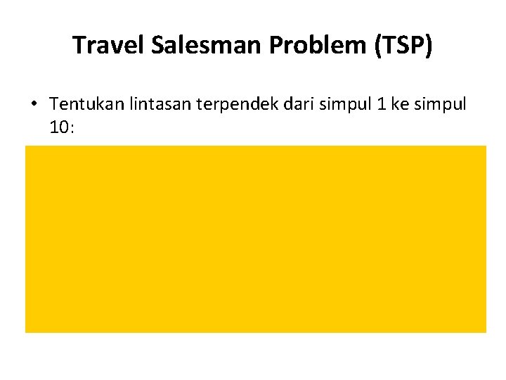 Travel Salesman Problem (TSP) • Tentukan lintasan terpendek dari simpul 1 ke simpul 10:
