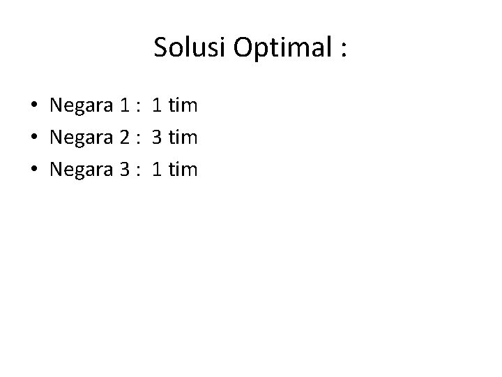 Solusi Optimal : • Negara 1 : 1 tim • Negara 2 : 3