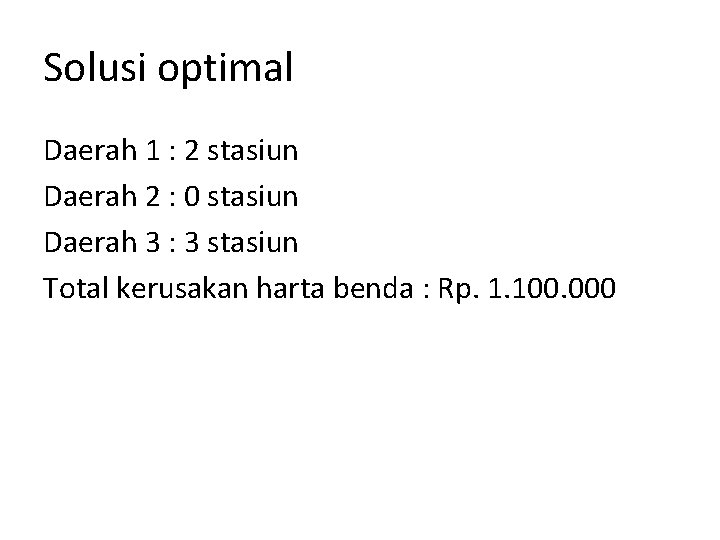 Solusi optimal Daerah 1 : 2 stasiun Daerah 2 : 0 stasiun Daerah 3