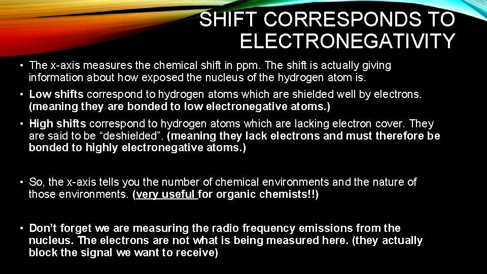 SHIFT CORRESPONDS TO ELECTRONEGATIVITY • The x-axis measures the chemical shift in ppm. The SHIFT CORRESPONDS TO ELECTRONEGATIVITY • The x-axis measures the chemical shift in ppm. The